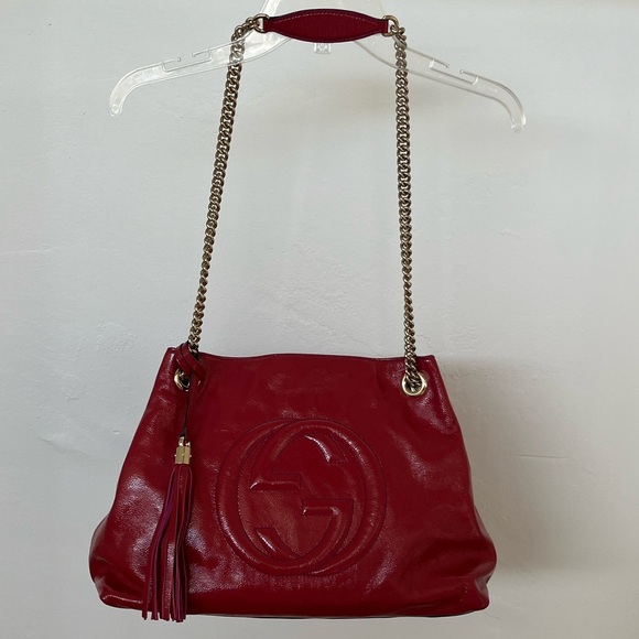 Gucci Patent Red Soho Chain Strap 2-way Tote Bag with Fuchsia Trim EUC - Picture 2 of 12